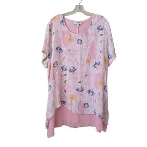 Serengeti Womens 2X Pink Floral Crinkle Gauze Tunic Blouse Layered Sharkbite Hem